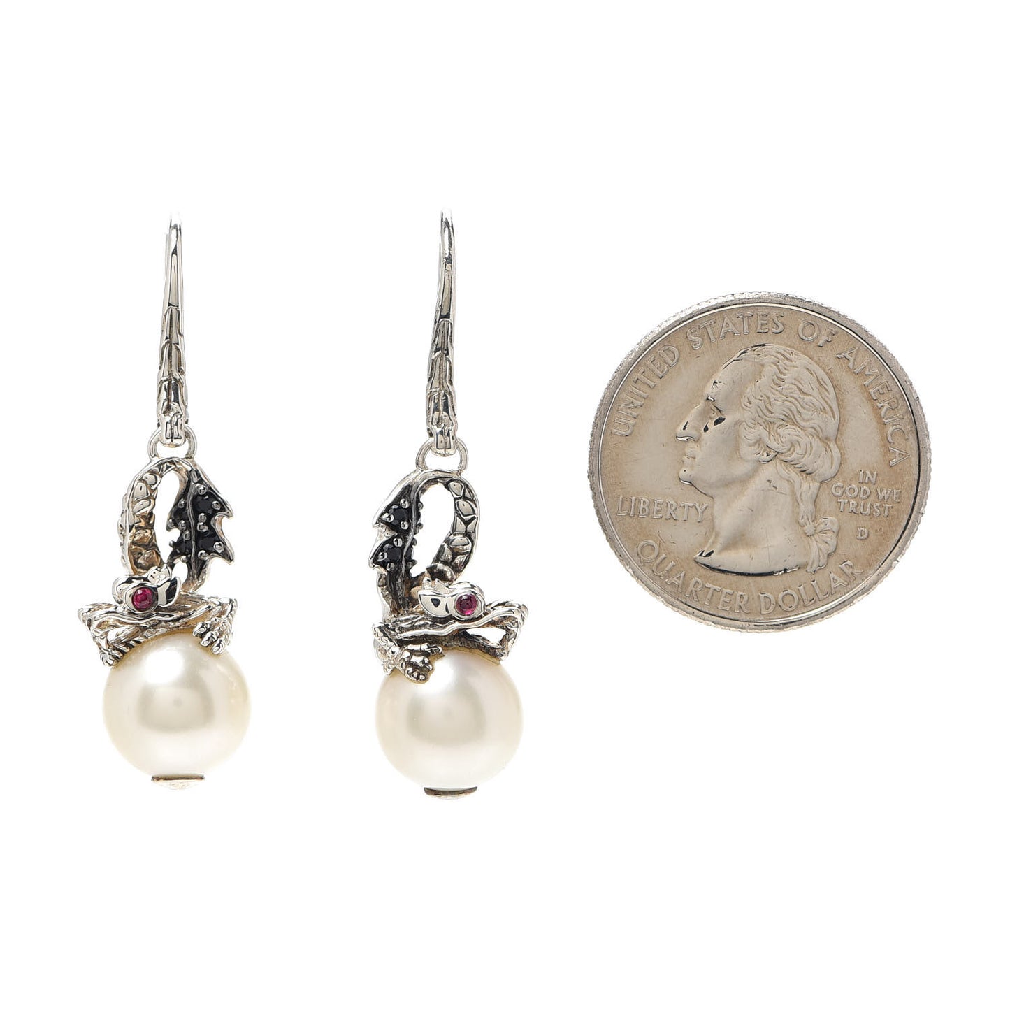 Sterling Silver Pearl Black Sapphire Ruby Naga Drop Earrings