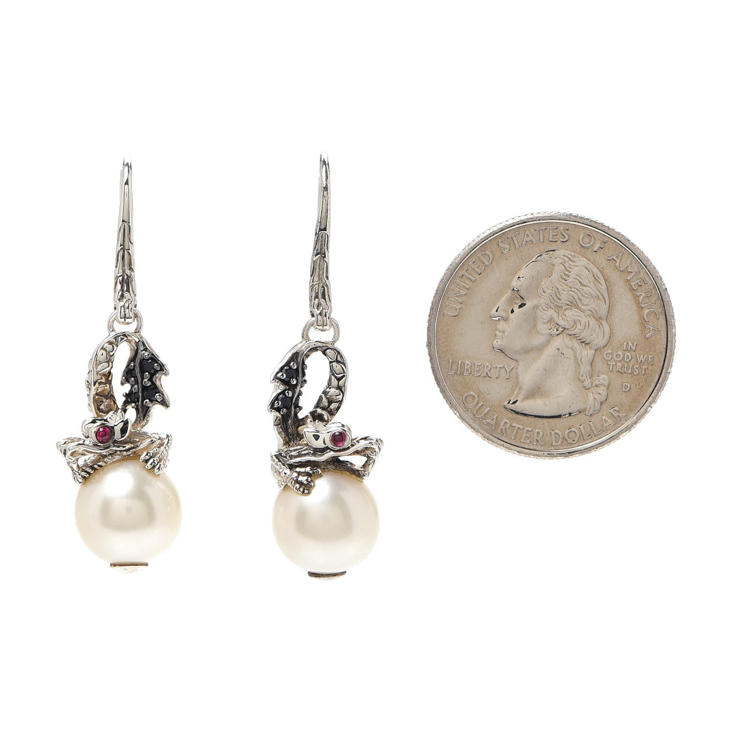 John Hardy Sterling Silver Pearl Black Sapphire Ruby Naga Drop Earrings 2 of 4