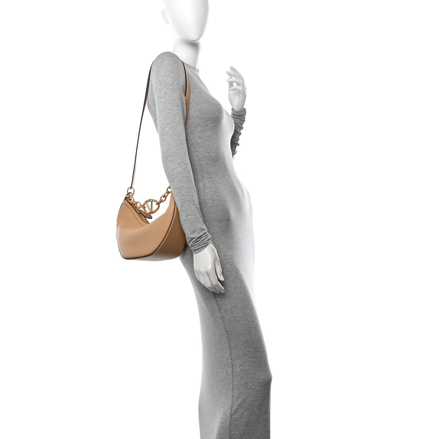 Grainy Calfskin Small Vlogo Moon Hobo Bag Cappuccino