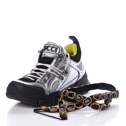 Gucci X SEGA Metallic Calfskin Mesh Removable Crystals Womens Flashtrek Sneakers 37.5 Silver Black 8 of 9