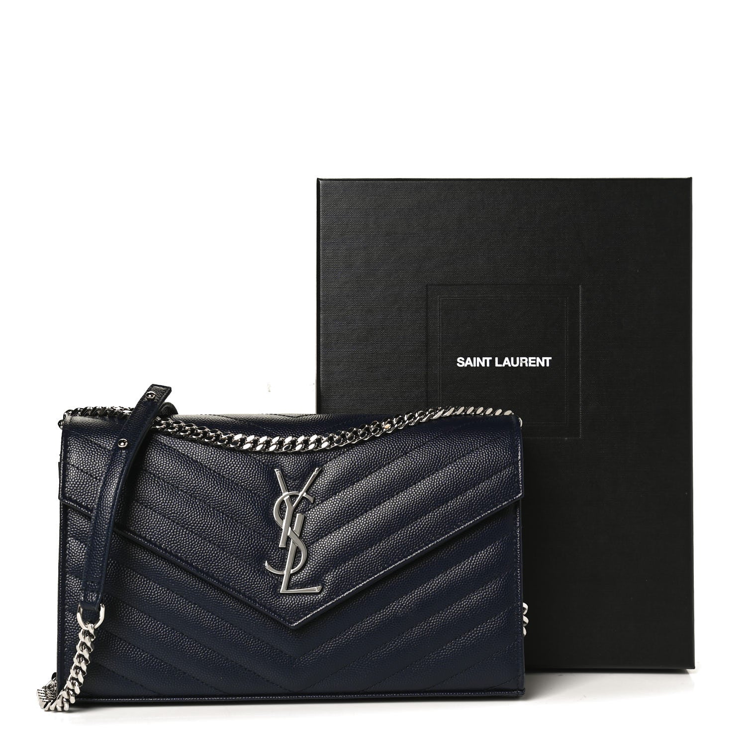 Saint Laurent Grain De Poudre Matelasse Chevron Monogram Envelope Chain Wallet Deep Marine 10 of 10