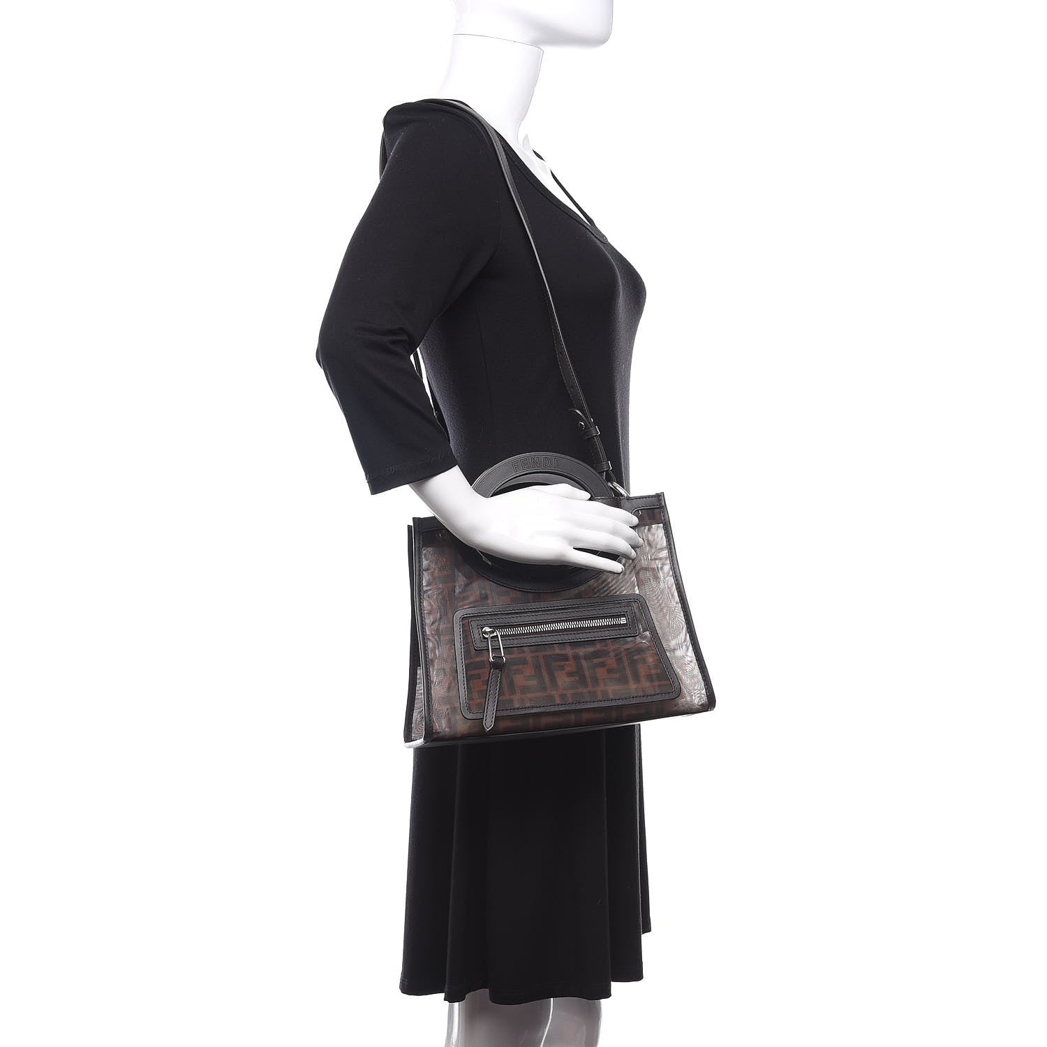 Fendi Mesh Vitello Century Cuoio FF 1974 Small Runaway Shopper Tote Marrone Black Ebano 2 of 9