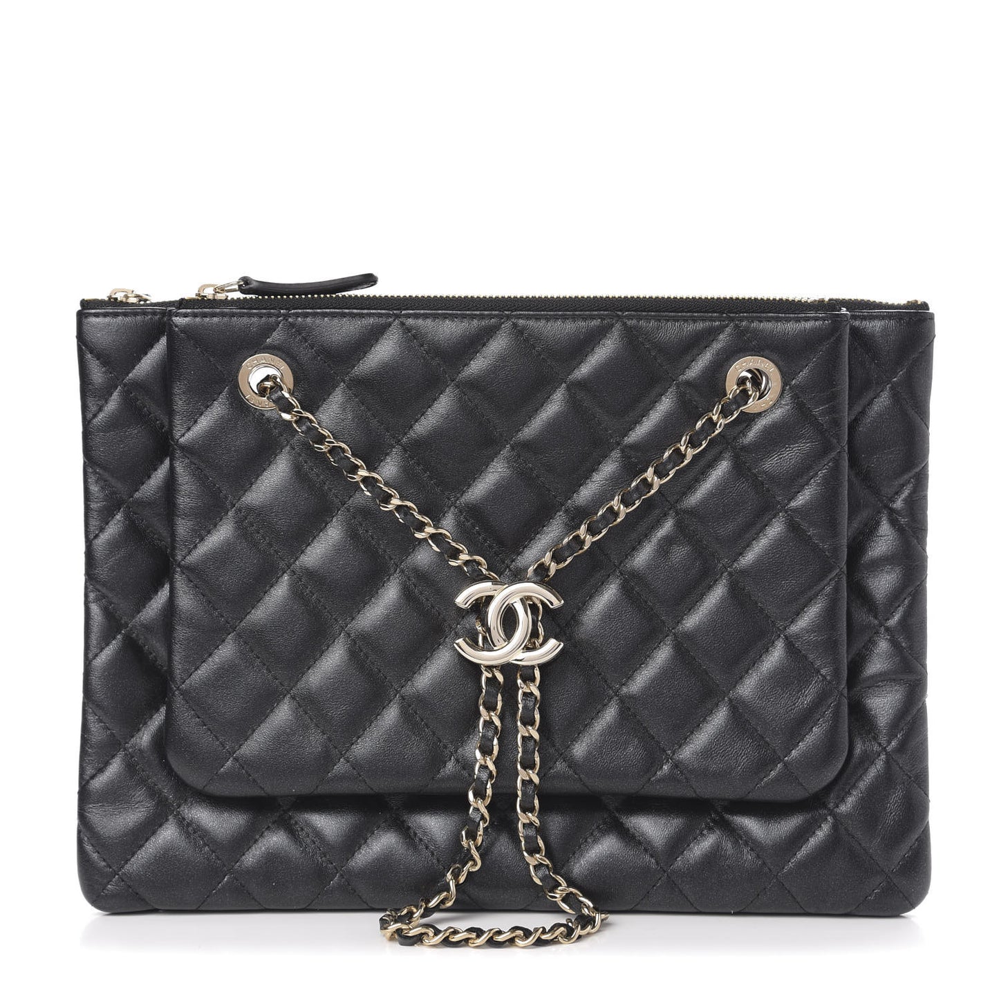 Shiny Lambskin Quilted Medium Double Case With Strap Black