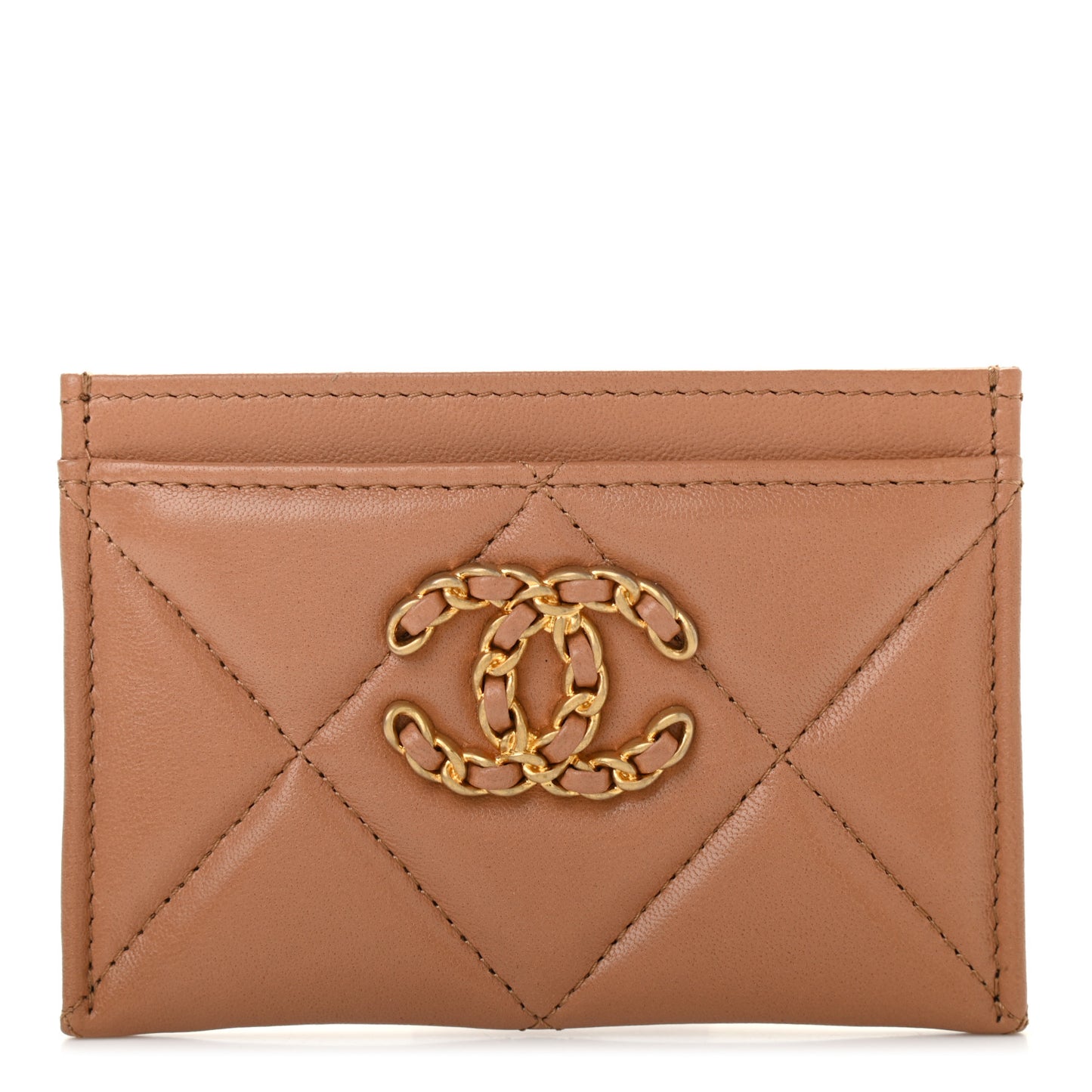 Lambskin Quilted Chanel 19 Card Holder Brown