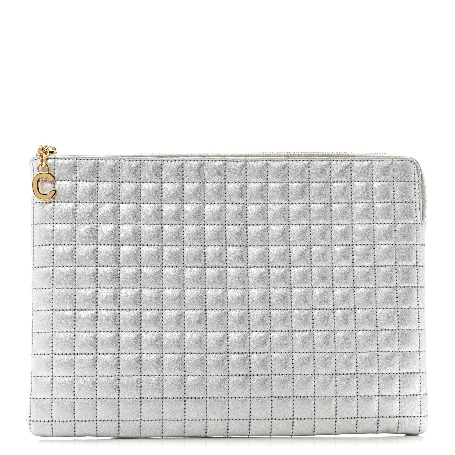 Celine Laminated Calfskin Quilted C Charm Pouch Silver 1 of 6