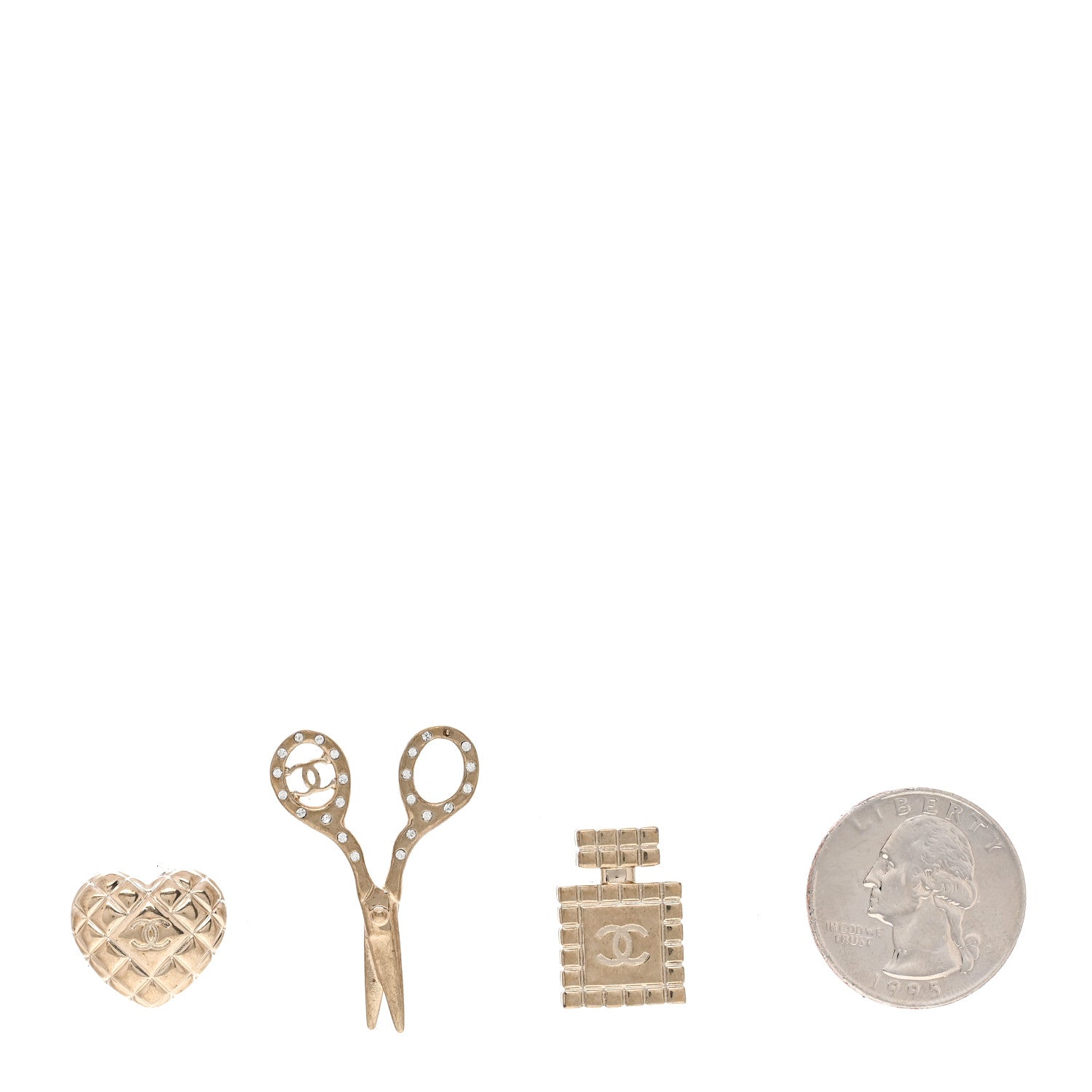 Chanel Metal Strass Crystal Quilted CC Heart Scissors Perfume Brooch Set Gold 2 of 4