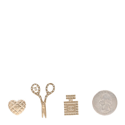 Chanel Metal Strass Crystal Quilted CC Heart Scissors Perfume Brooch Set Gold 2 of 4