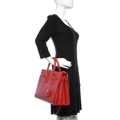 Saint Laurent Calfskin Crocodile Embossed Small Sac De Jour Eros Red 3 of 14