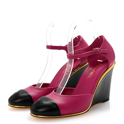 Chanel Lambskin Cap Toe Open Wedge 39 Fuchsia Black 4 of 10