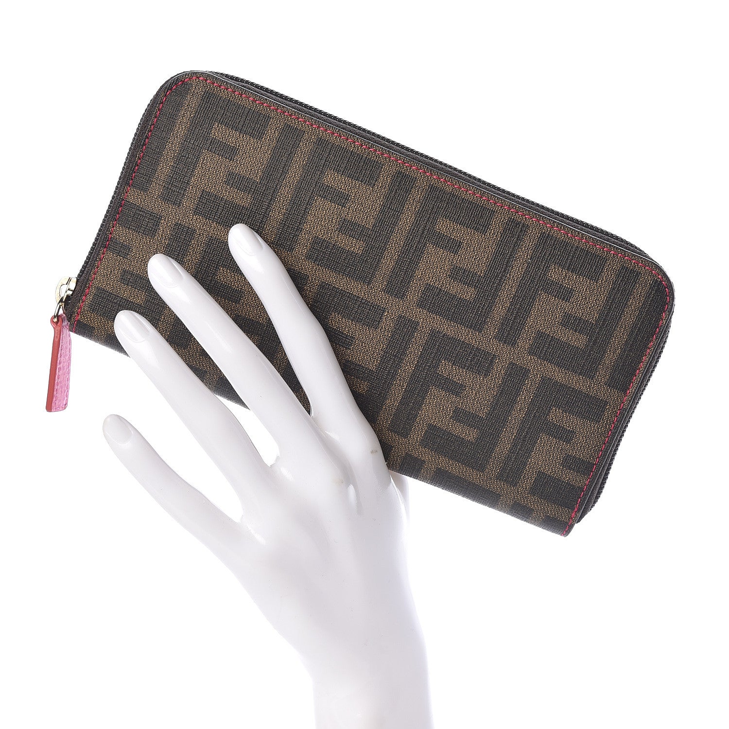 Fendi Zucca Spalmati Vitello Elite Zip Around Wallet Tobacco Fuxia Fragola 2 of 7
