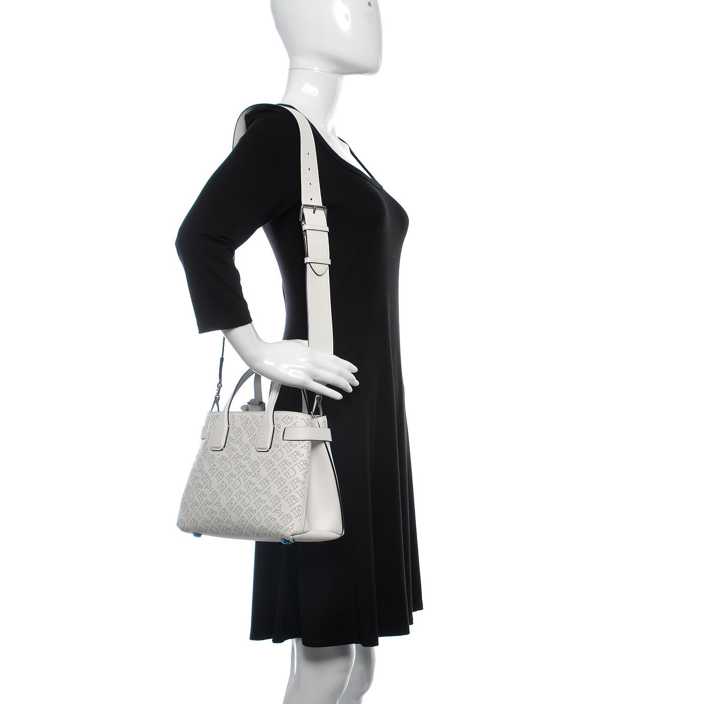 Calfskin Perforated Small Banner Tote Chalk White