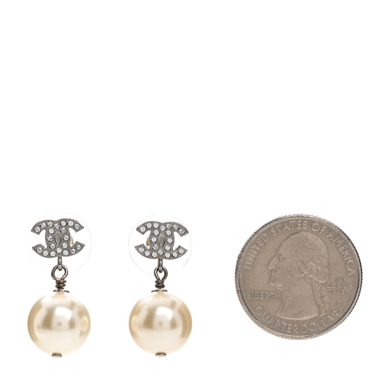 Chanel Pearl Crystal CC Drop Earrings Silver Pearly White 2 of 5