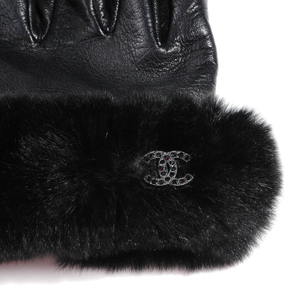 Chanel Lambskin Rabbit Fur Crystal CC Gloves Black 8 3 of 5