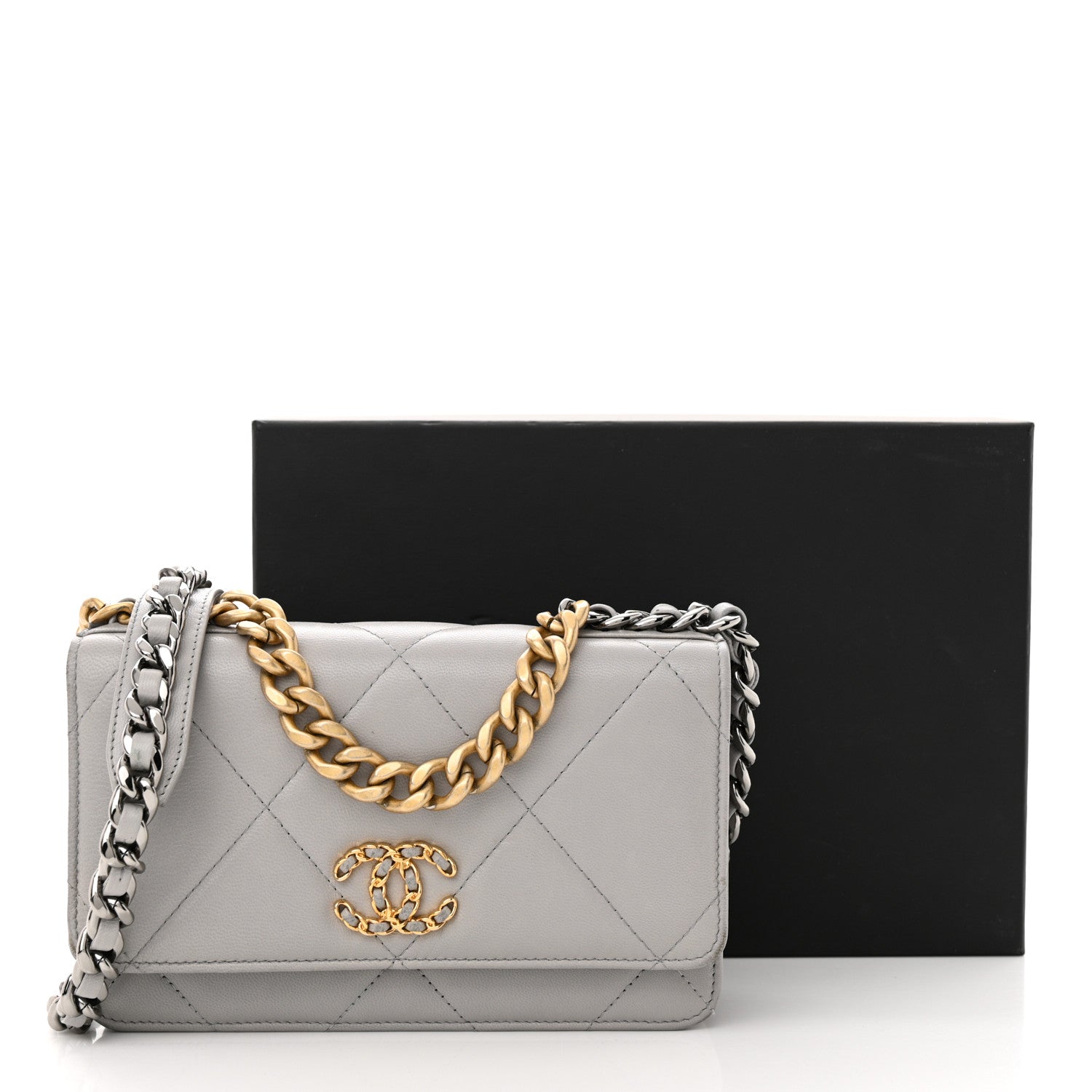 Chanel Lambskin Quilted Chanel 19 Wallet On Chain WOC Grey 16 of 16