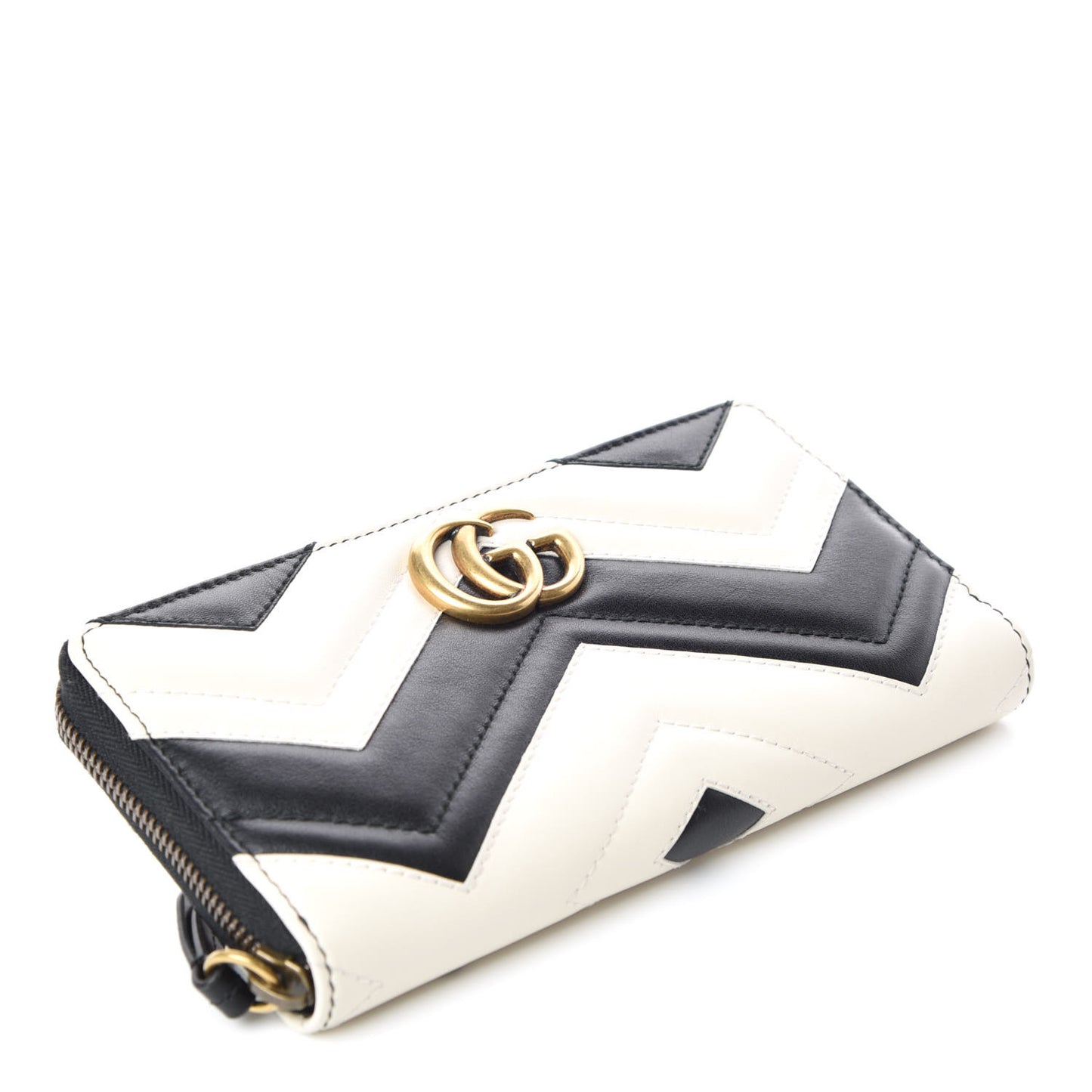 Calfskin Matelasse GG Marmont Zip Around Wallet Black White