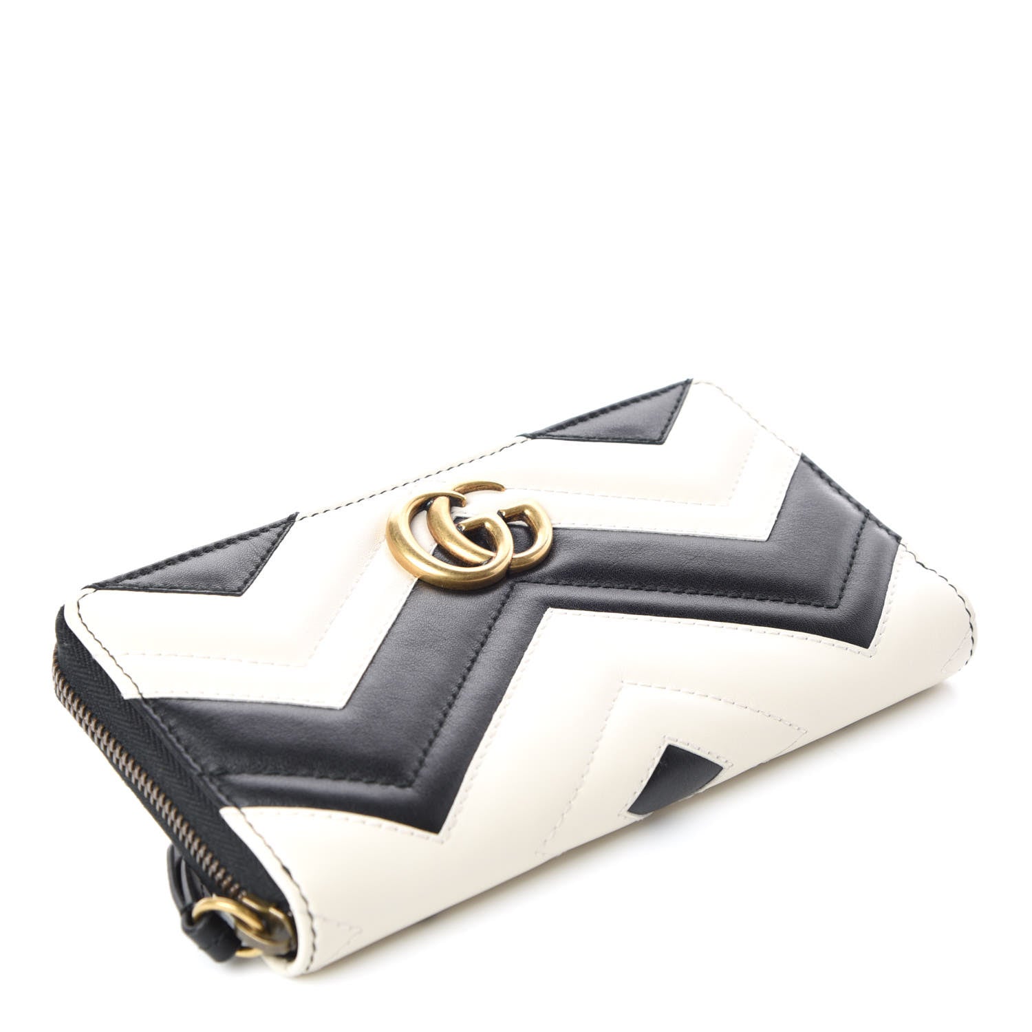 Gucci Calfskin Matelasse GG Marmont Zip Around Wallet Black White 4 of 9