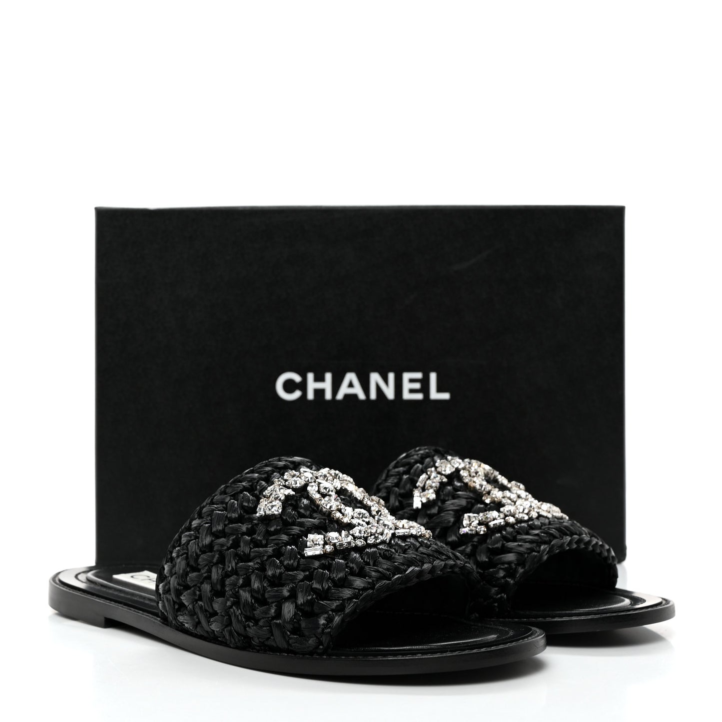 Raffia Crystal CC Mules Sandals 38.5 Black
