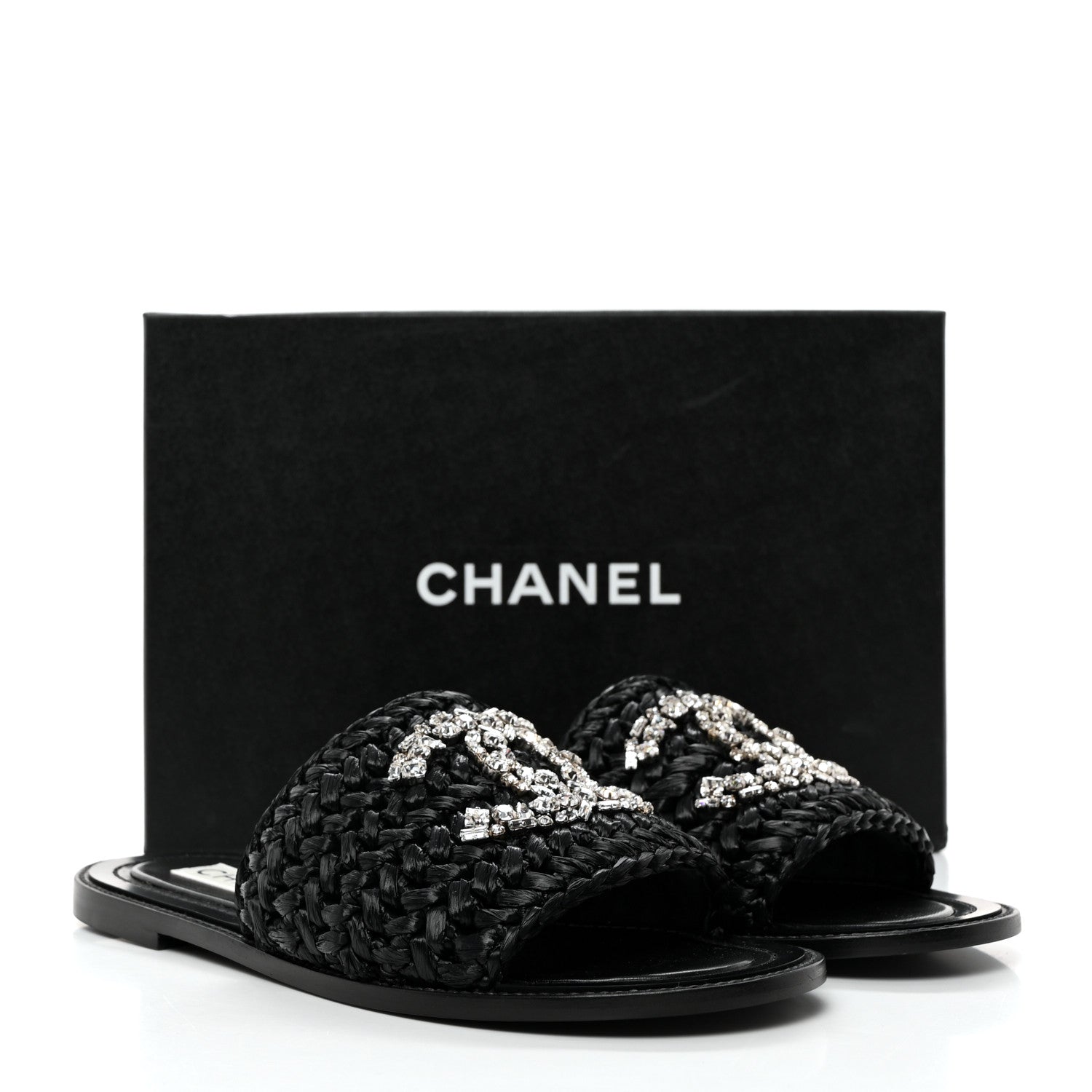 Chanel Raffia Crystal CC Mules Sandals 38.5 Black 9 of 9