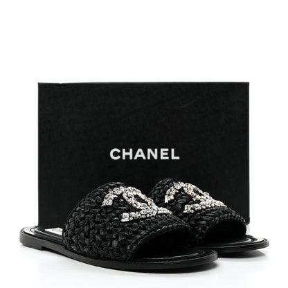Chanel Raffia Crystal CC Mules Sandals 38.5 Black 9 of 9