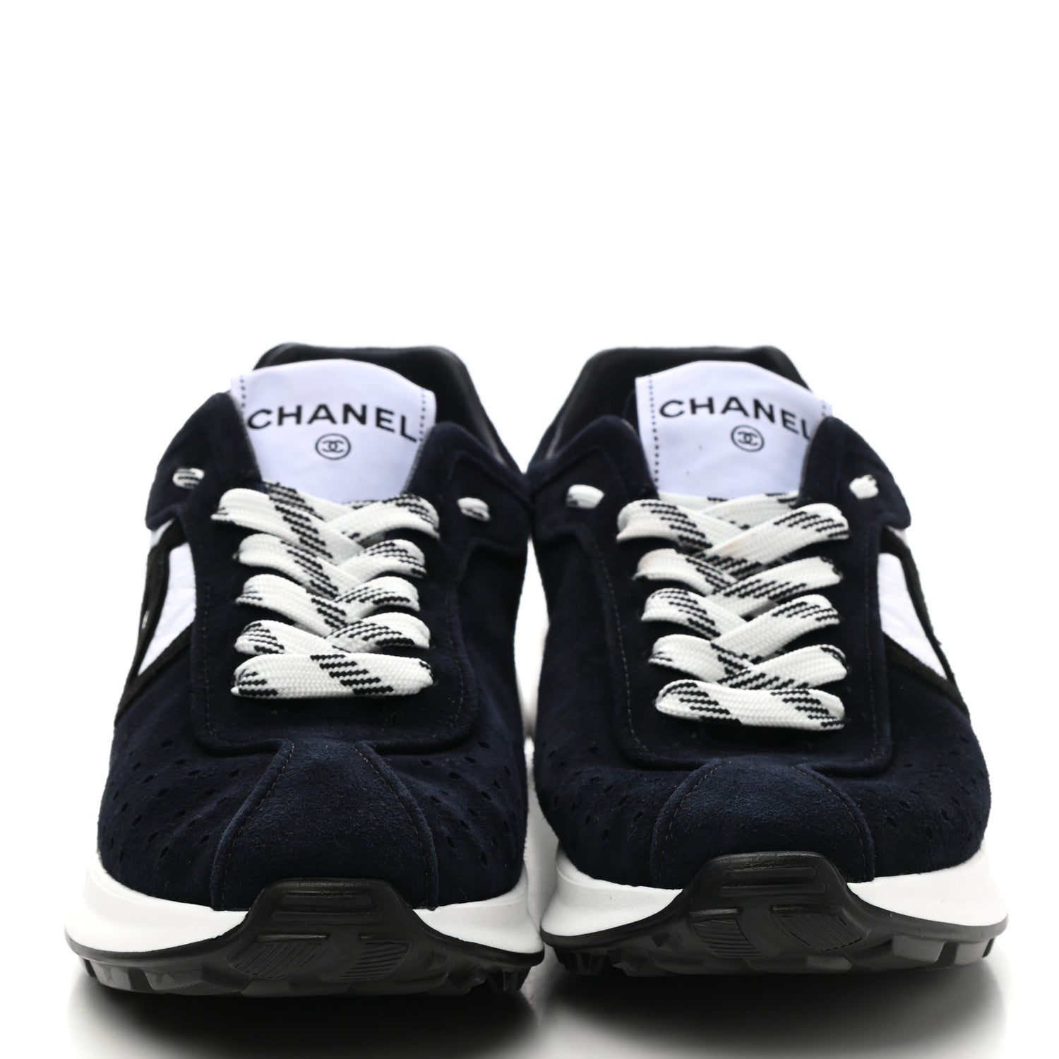 Chanel Fabric Suede Kidskin CC Sneakers 37.5 Dark Navy White 2 of 10