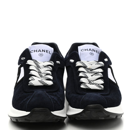 Chanel Fabric Suede Kidskin CC Sneakers 37.5 Dark Navy White 2 of 10