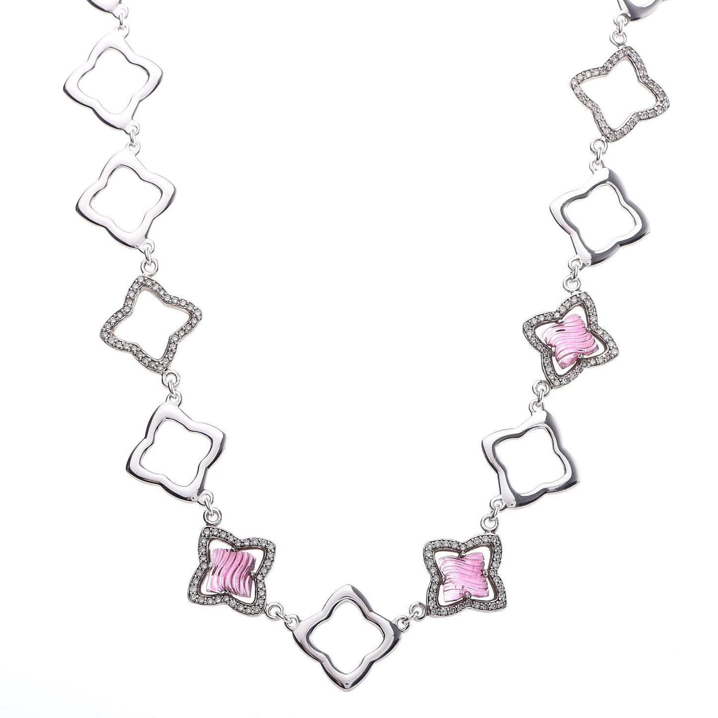 Sterling Silver Diamond Pink Tourmaline Quatrefoil Station Necklace