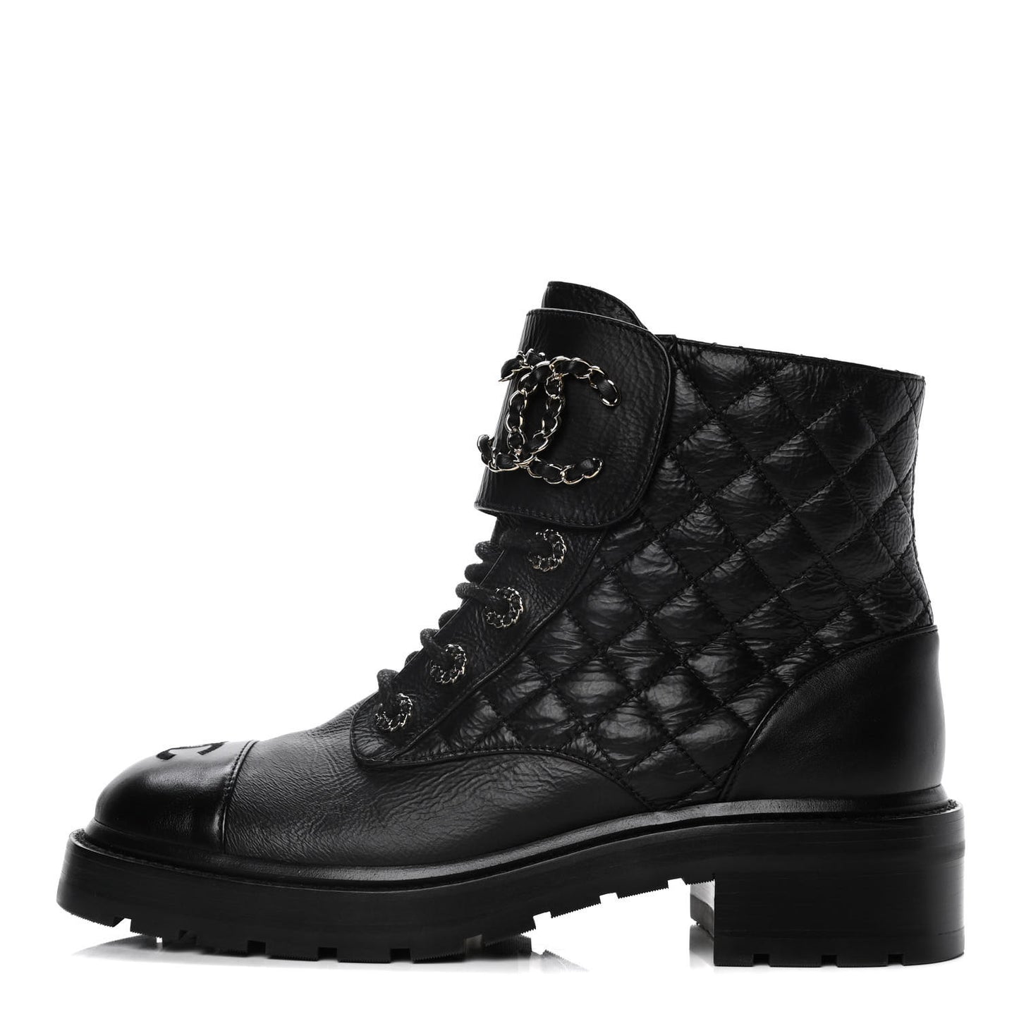 Shiny Goatskin Calfskin Quilted Lace Up Combat Boots 39 Black