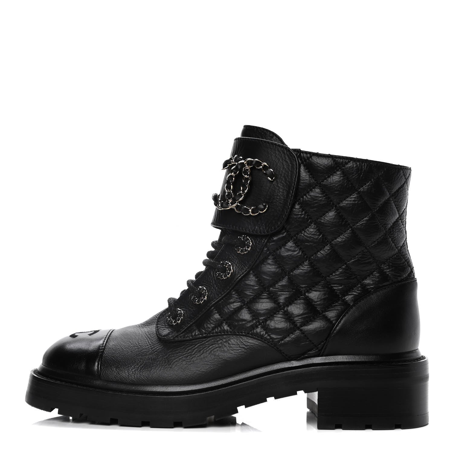 Chanel Shiny Goatskin Calfskin Quilted Lace Up Combat Boots 39 Black 1 of 7
