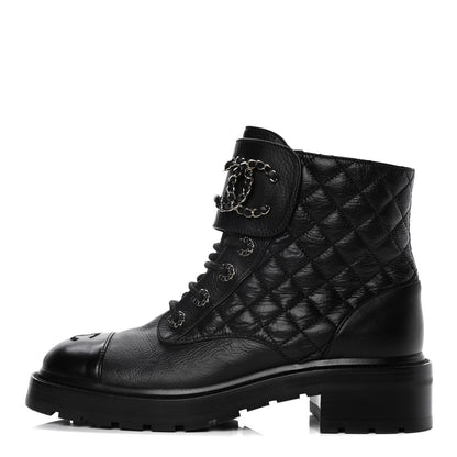 Chanel Shiny Goatskin Calfskin Quilted Lace Up Combat Boots 39 Black 1 of 7