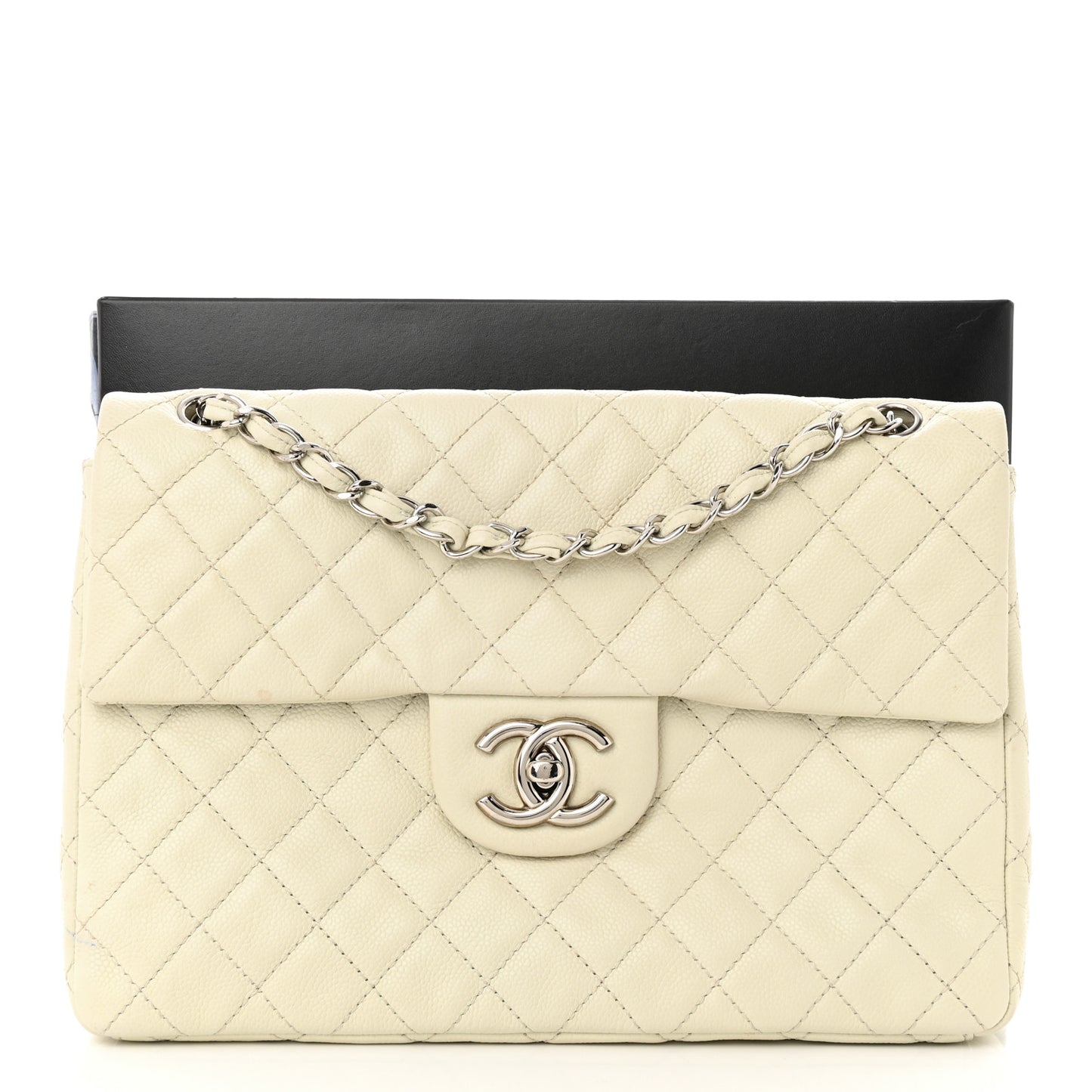 Washed Caviar Quilted Maxi Single Flap White