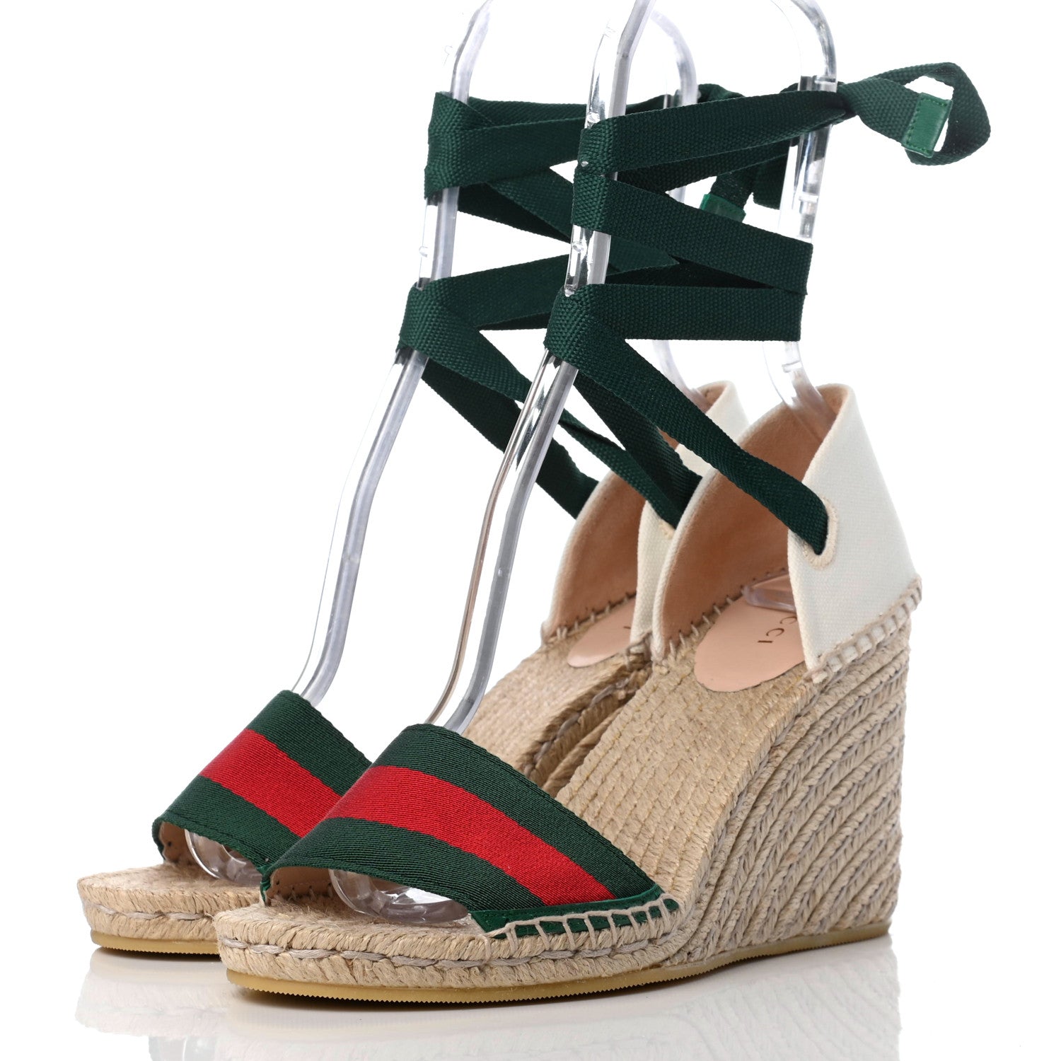 Gucci Canvas Malaga Kid Web Ankle Wrap Espadrille Wedge Sandals 37.5 Green Red Mystic White Emerald 3 of 8