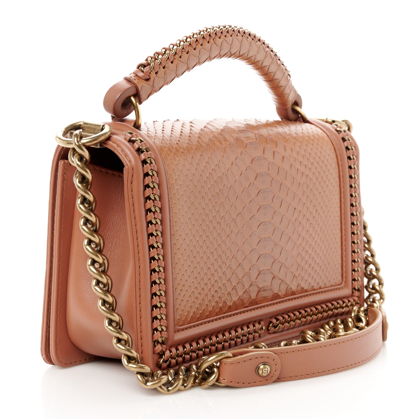 Snakeskin Calfskin Medium Chain Around Top Handle Boy Flap Camel