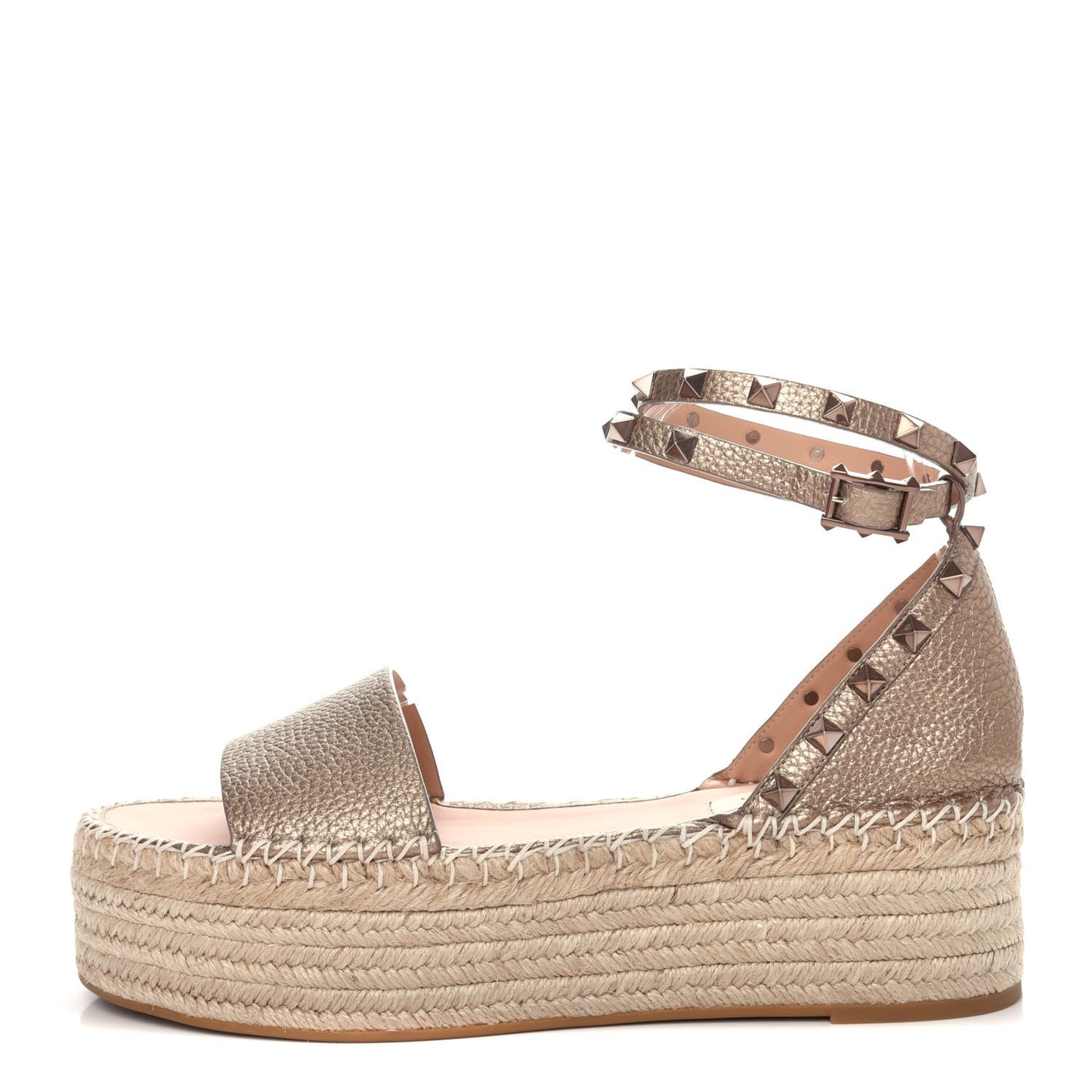 Metallic Grained Calfskin Rockstud Ankle Wrap Espadrille Flatform Sandals 41 Skin Natural