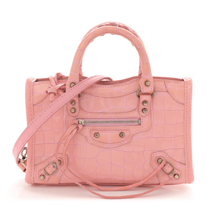 Balenciaga Patent Crocodile Embossed Classic Silver Hardware Nano City Light Pink 1 of 14