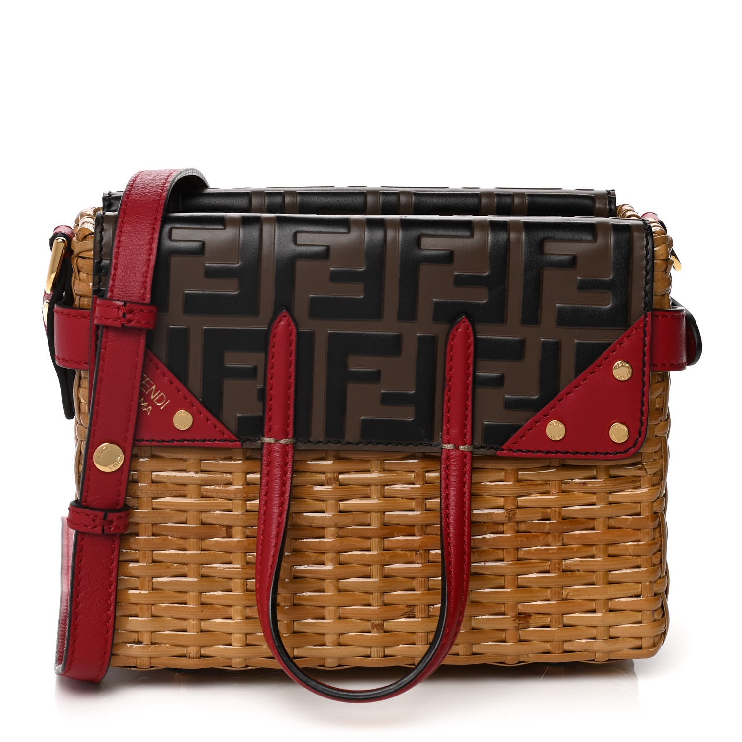 Fendi Wicker Calfskin FF 1974 Embossed Small Flip Tote Maya Black Fragola 1 of 13