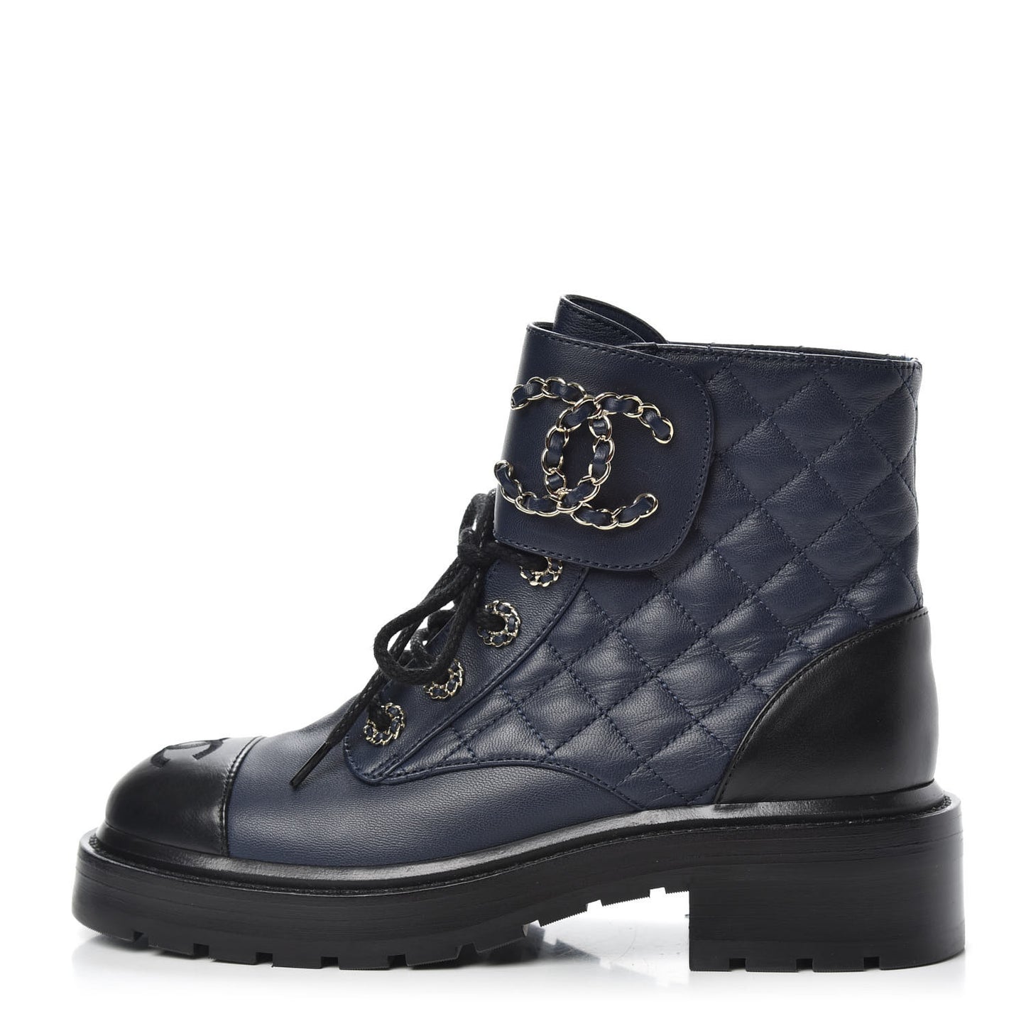 Lambskin Calfskin Quilted Lace Up Combat Boots 35.5 Navy Black