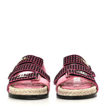 Chanel Stretch Fabric Lambskin CC Flat Sandals 36 Pink Black 3 of 8