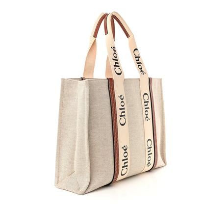 Chloe Cotton Calfskin Large Woody Ribbon Tote White Brown 3 of 10