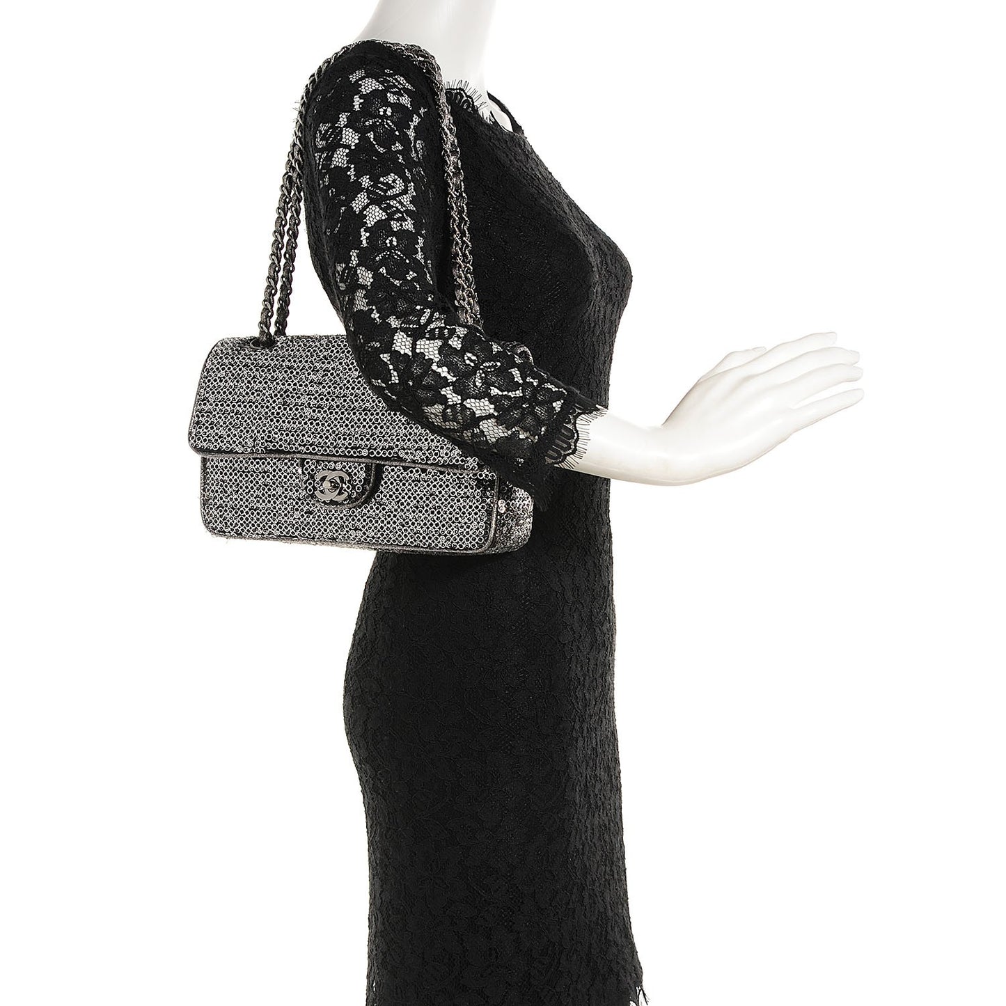 Sequin Medium Single Flap Dark Silver