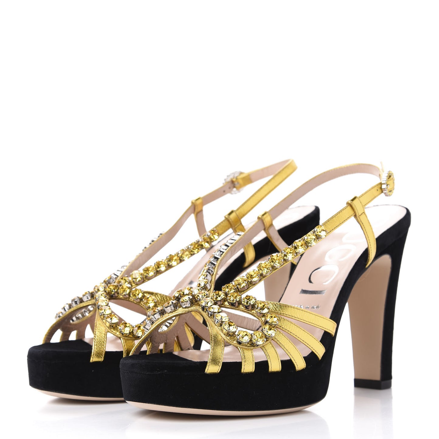 Velvet Nappa Crystal Zephyra Slingback Platform High Heel Sandals 40 Black Gold