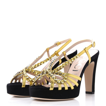 Gucci Velvet Nappa Crystal Zephyra Slingback Platform High Heel Sandals 40 Black Gold 3 of 9