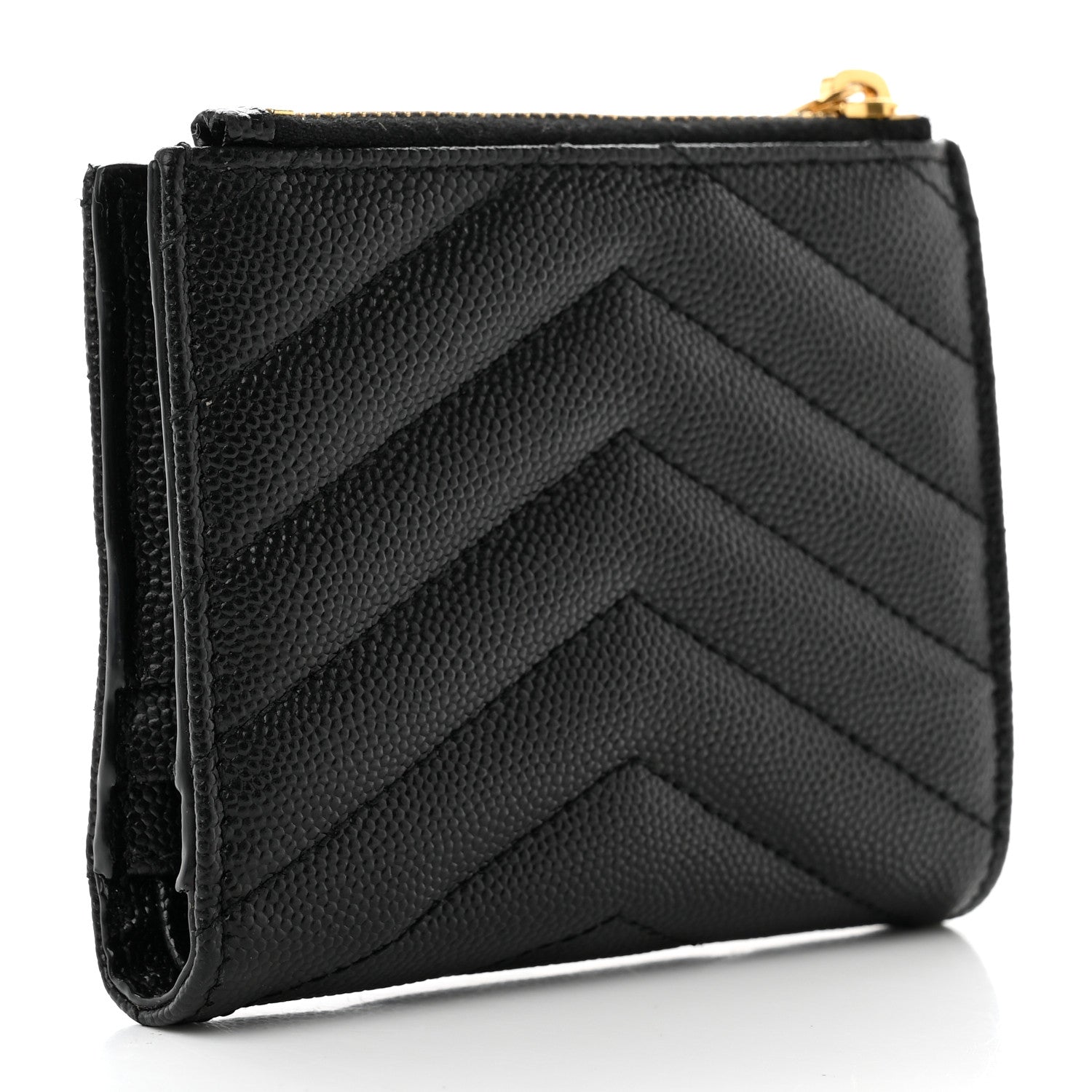 Saint Laurent Grain De Poudre Matelasse Chevron Monogram Zipped Card Case Black 3 of 9