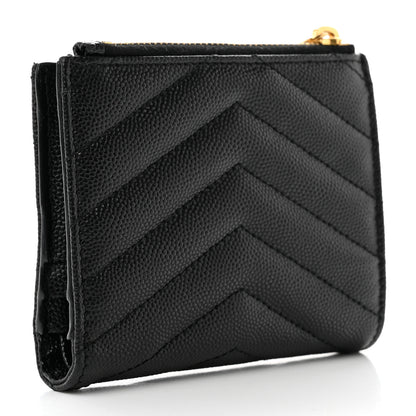 Saint Laurent Grain De Poudre Matelasse Chevron Monogram Zipped Card Case Black 3 of 9
