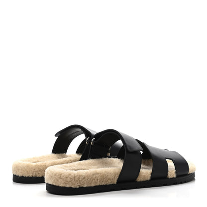 Hermes Calfskin Woolskin Mens Chypre Sandals 43 Black Ecru 3 of 4