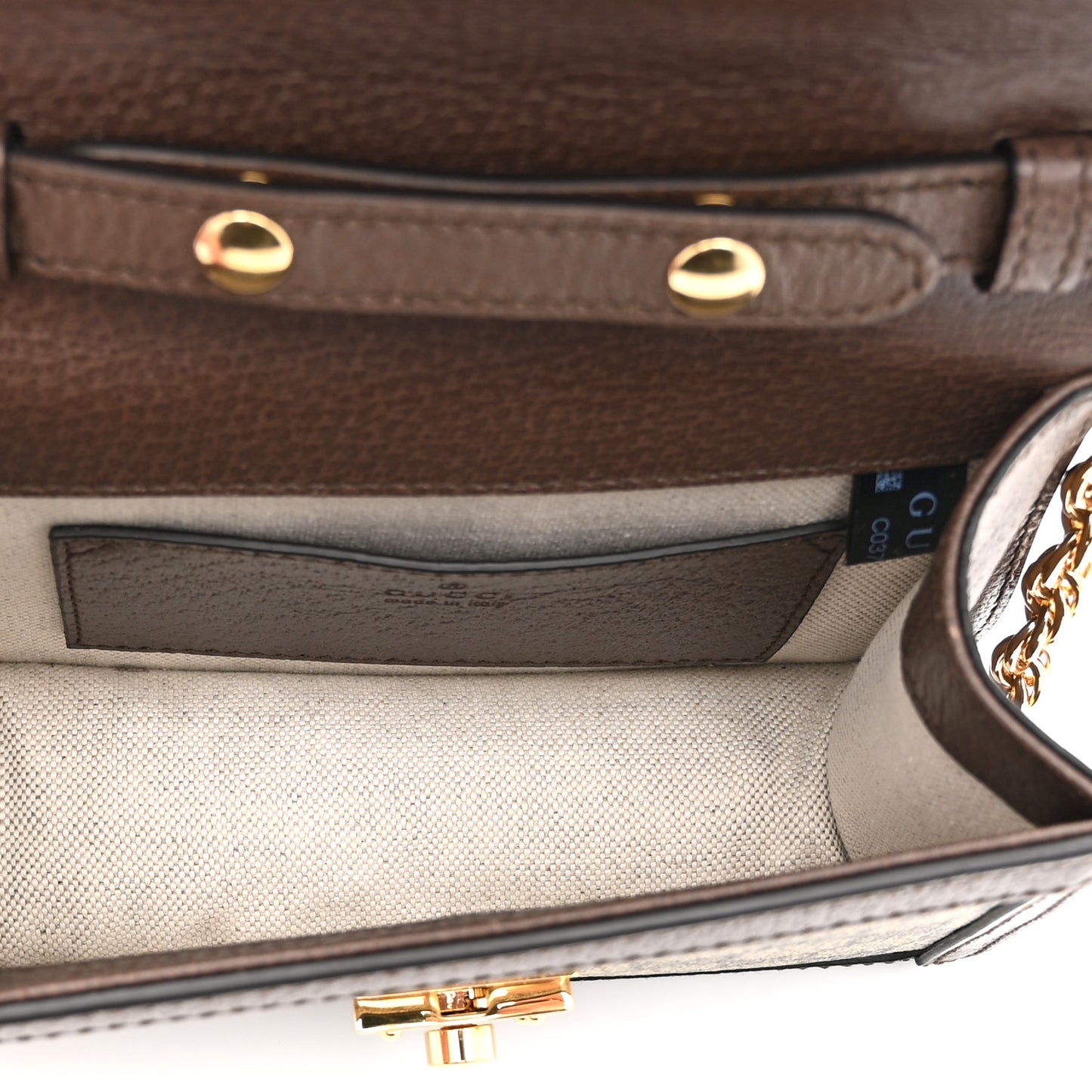 GG Supreme Monogram Textured Dollar Calfskin Web Mini Ophidia Padlock Top Handle Chain Shoulder Bag Beige Ebony New Acero