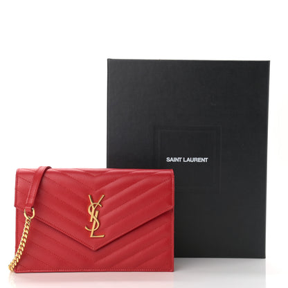 Saint Laurent Grain De Poudre Matelasse Chevron Monogram Envelope Chain Wallet New Red 16 of 16