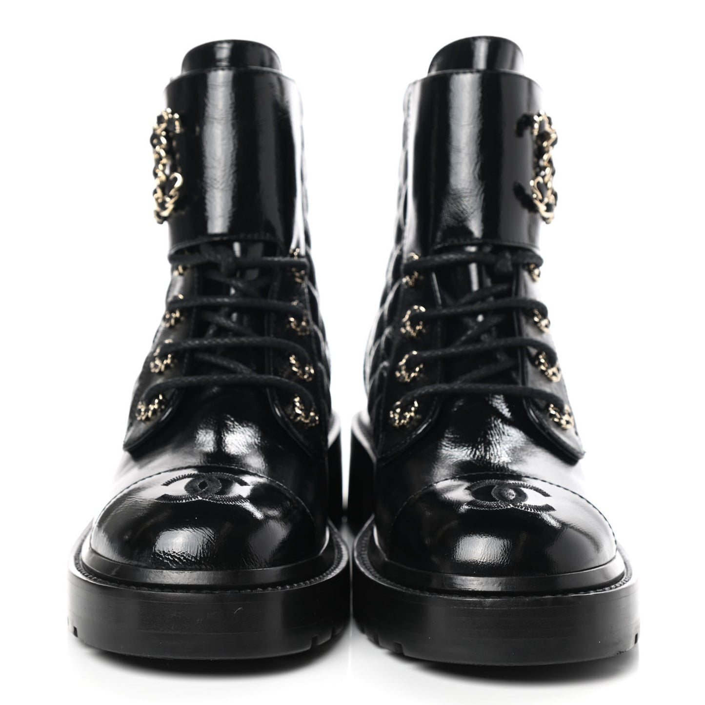 Shiny Calfskin Quilted Lace Up Combat Boots 37 Black