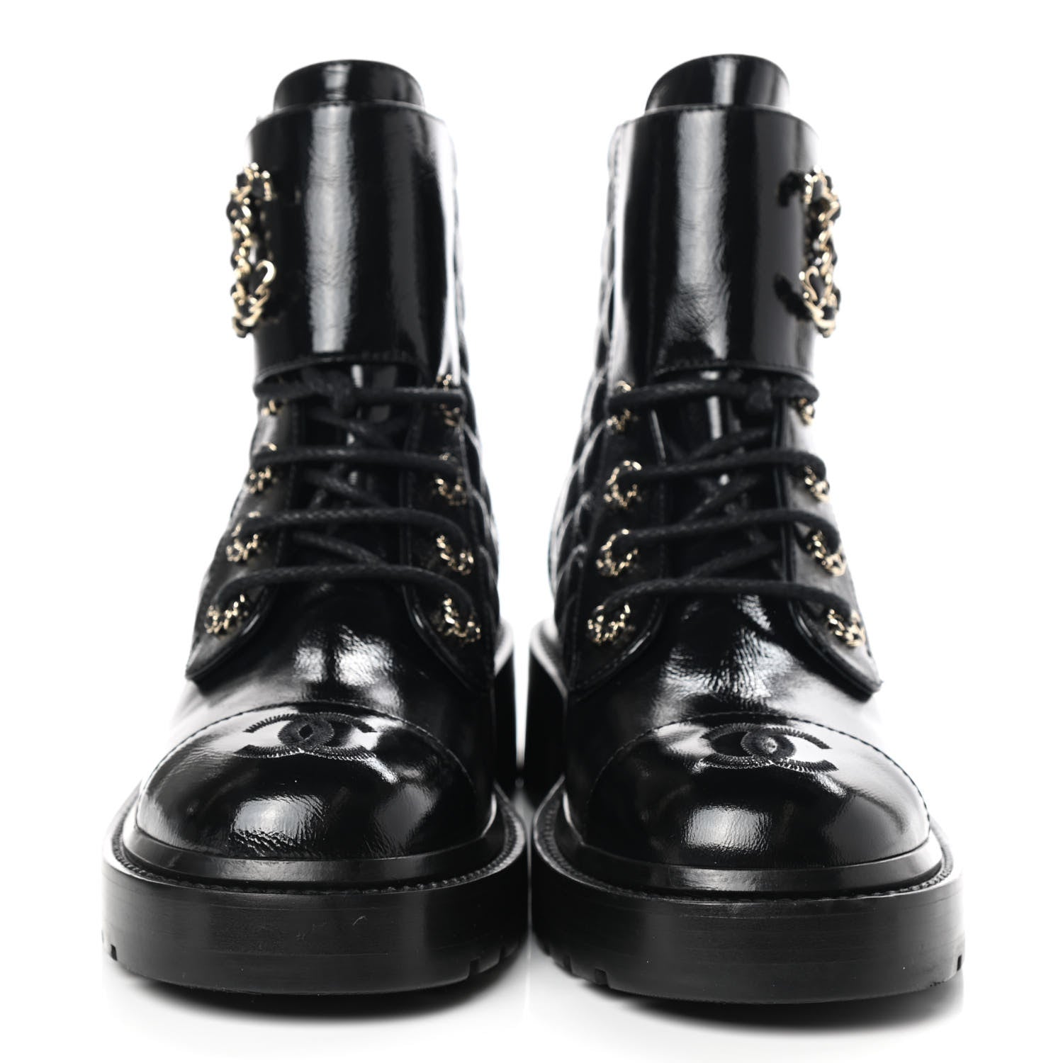 Chanel Shiny Calfskin Quilted Lace Up Combat Boots 37 Black 2 of 7
