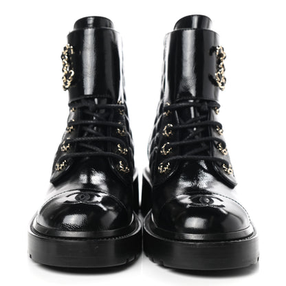 Chanel Shiny Calfskin Quilted Lace Up Combat Boots 37 Black 2 of 7