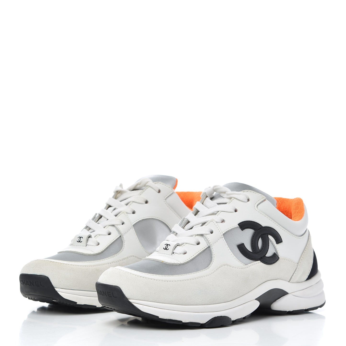 Nylon Calfskin Suede CC Womens Sneakers 37 White Orange